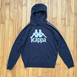 Vtg Kappa Black Hoodie Logo Taping Kangaroo Pocket Hooded Sweatshirt Mens Large